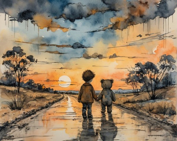 Young boy and teddy bear on a serene sunset path