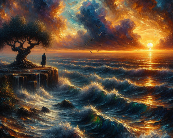 Sunset Over Turbulent Ocean with Rocky Shoreline