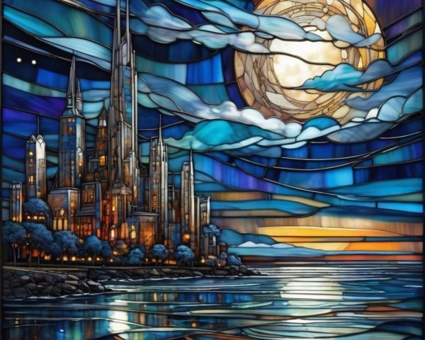 Vibrant Stained Glass Artwork of Mystical City Skyline