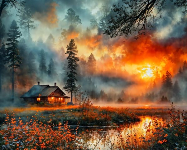 Cozy Cabin in Serene Sunset Landscape with Wildflowers