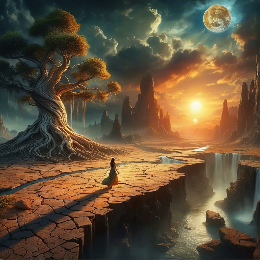 Serene Landscape with Waterfalls and Dramatic Sky