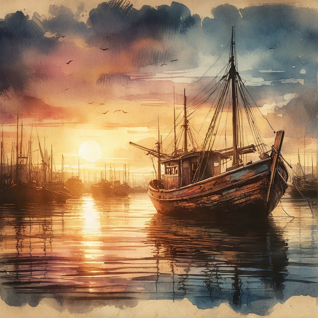 Vintage Fishing Boat at Sunset on Tranquil Waters
