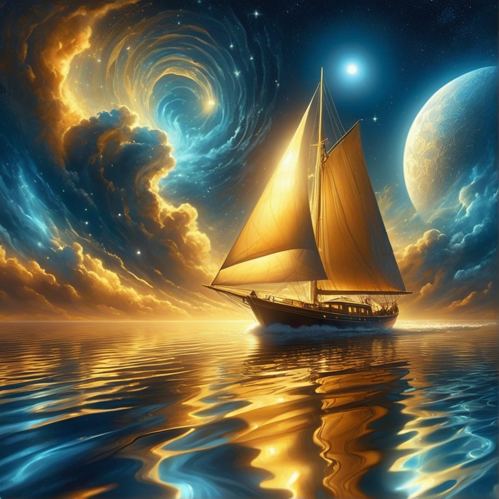 Majestic Sailing Ship Under Cosmic Sky and Galaxy