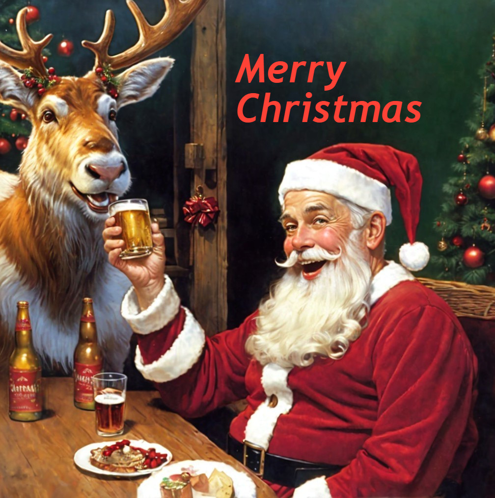 Santa Claus and reindeer toast with beer in festive Christmas setting