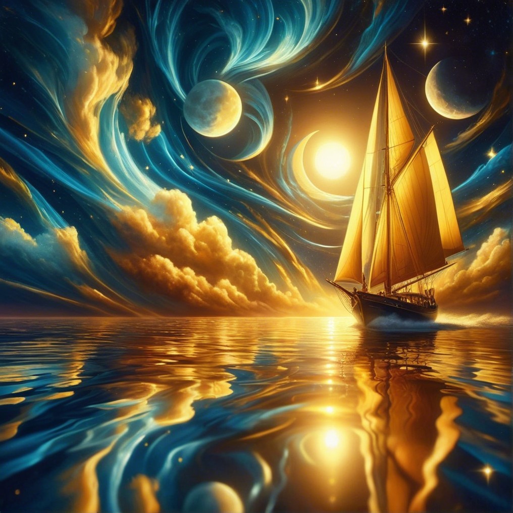 Majestic sailboat on shimmering ocean under vibrant skies