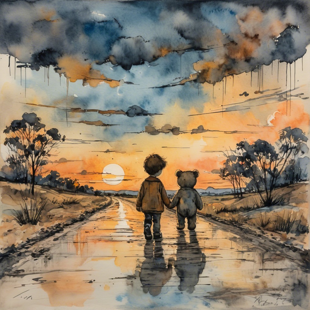 Young boy and teddy bear on a serene sunset path