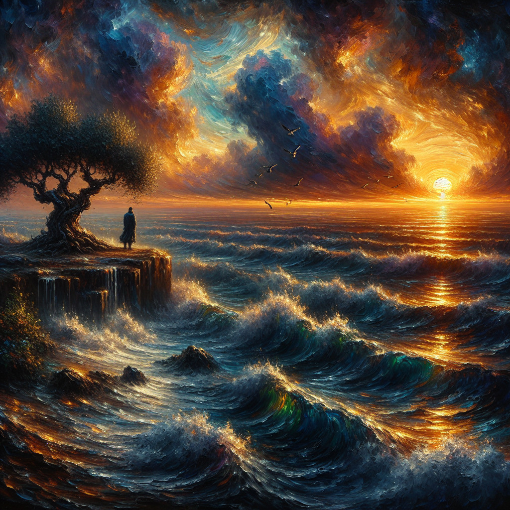 Sunset Over Turbulent Ocean with Rocky Shoreline