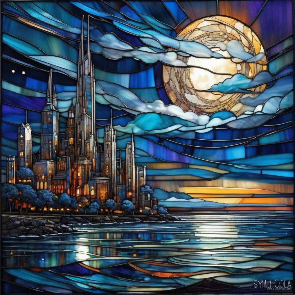 Vibrant Stained Glass Artwork of Mystical City Skyline