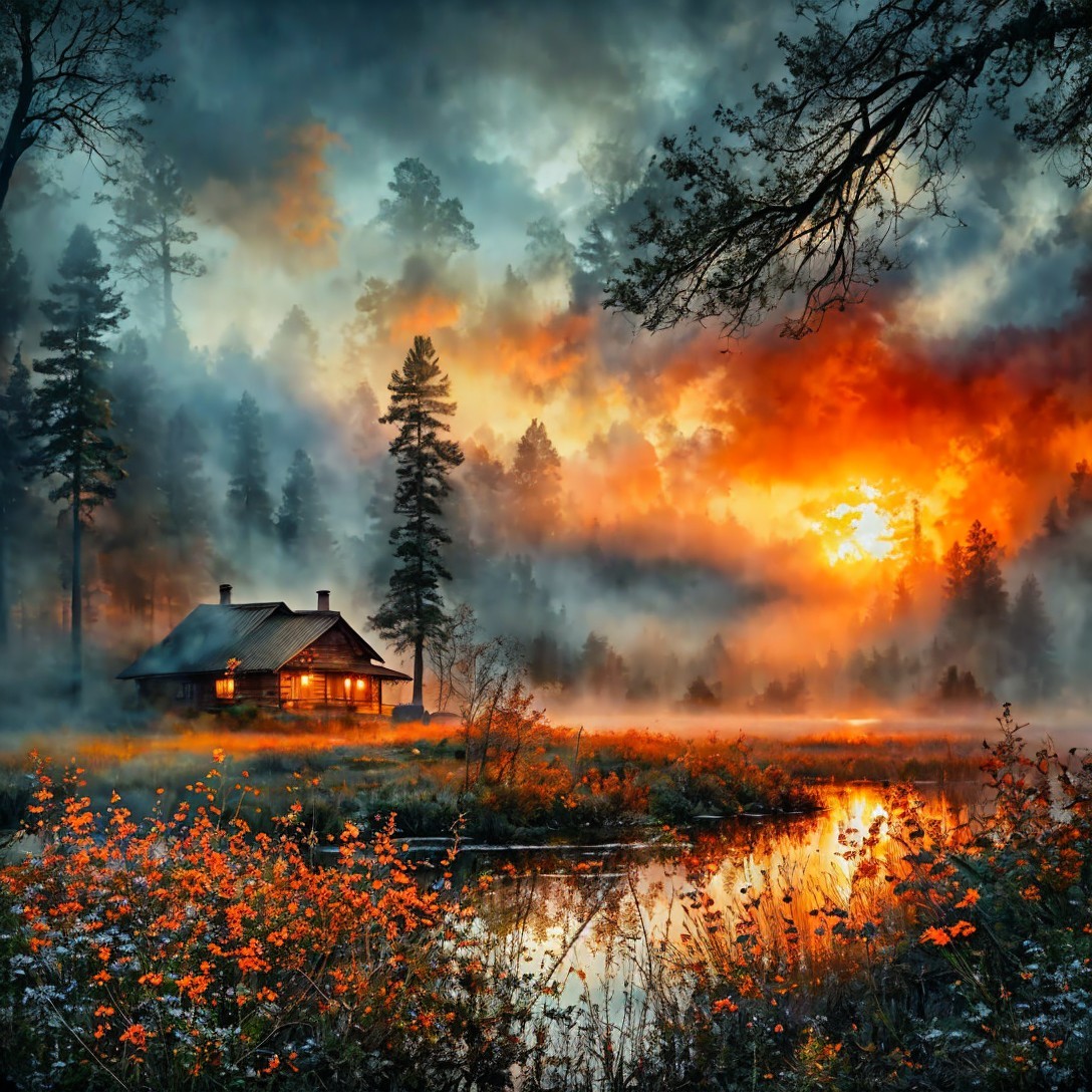 Cozy Cabin in Serene Sunset Landscape with Wildflowers
