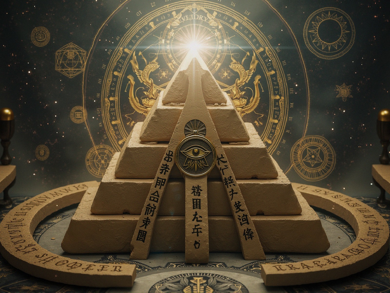 Mystical Multi-Tiered Pyramid with Ancient Symbols