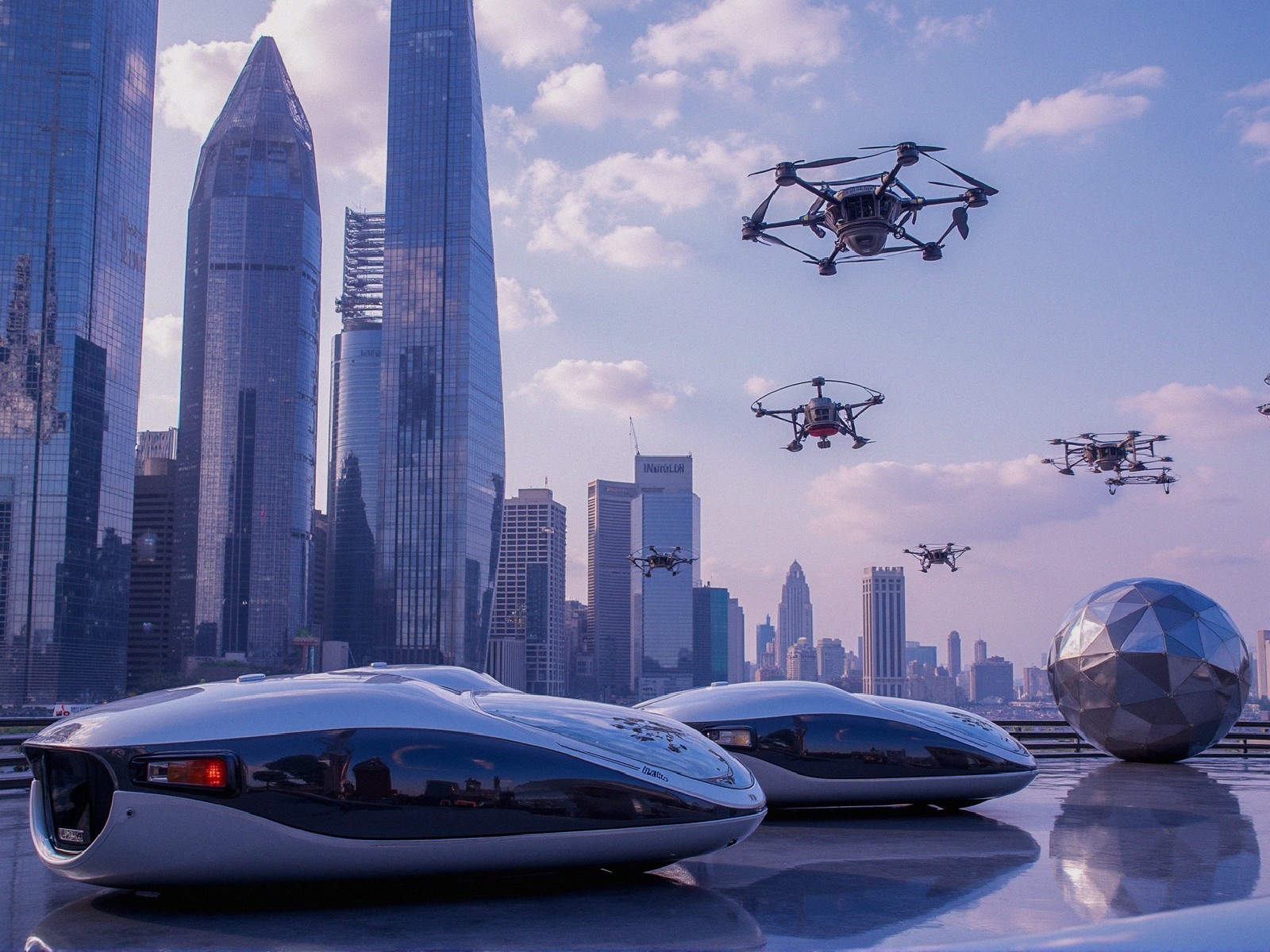 Futuristic cityscape with sleek vehicles and drones