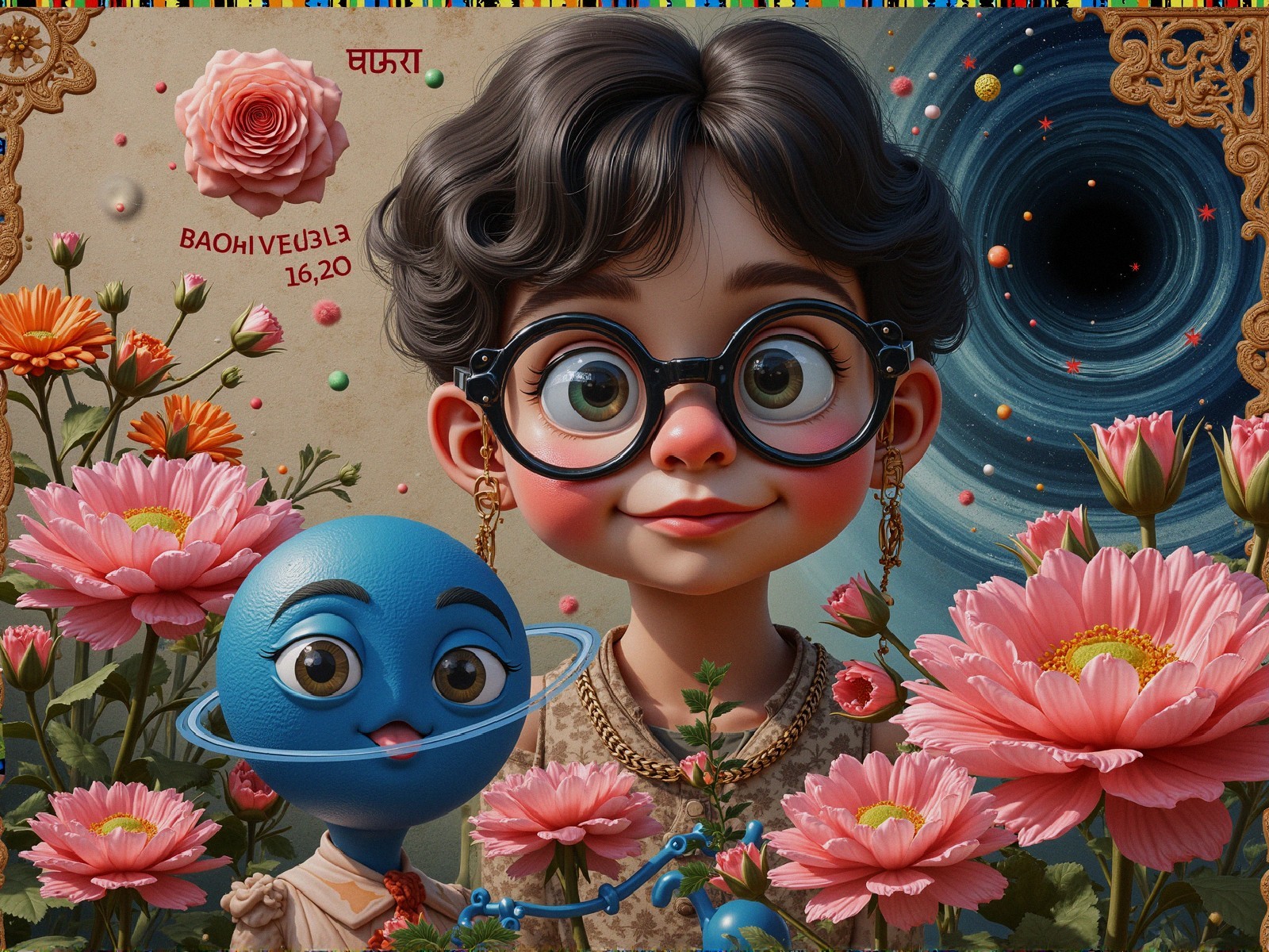 Whimsical Character Surrounded by Flowers and Galaxy