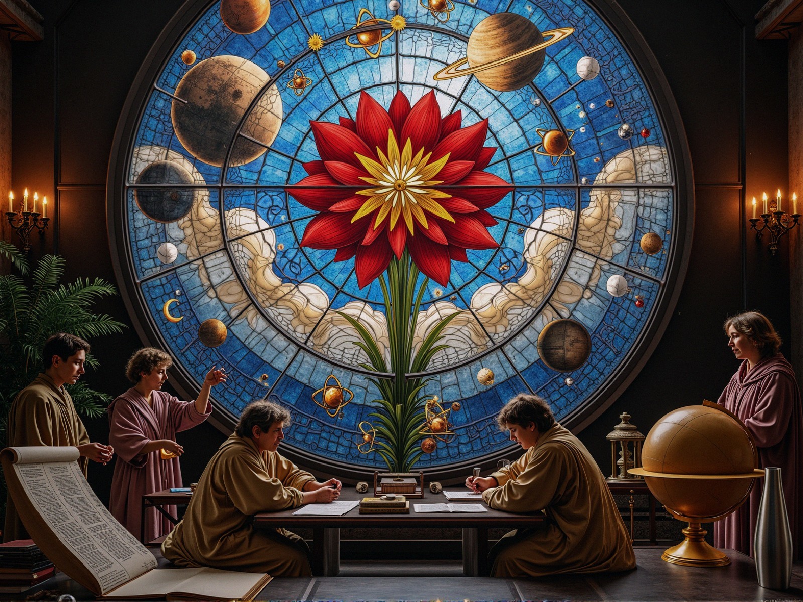 Scholarly Gathering in a Room with Stained Glass Window