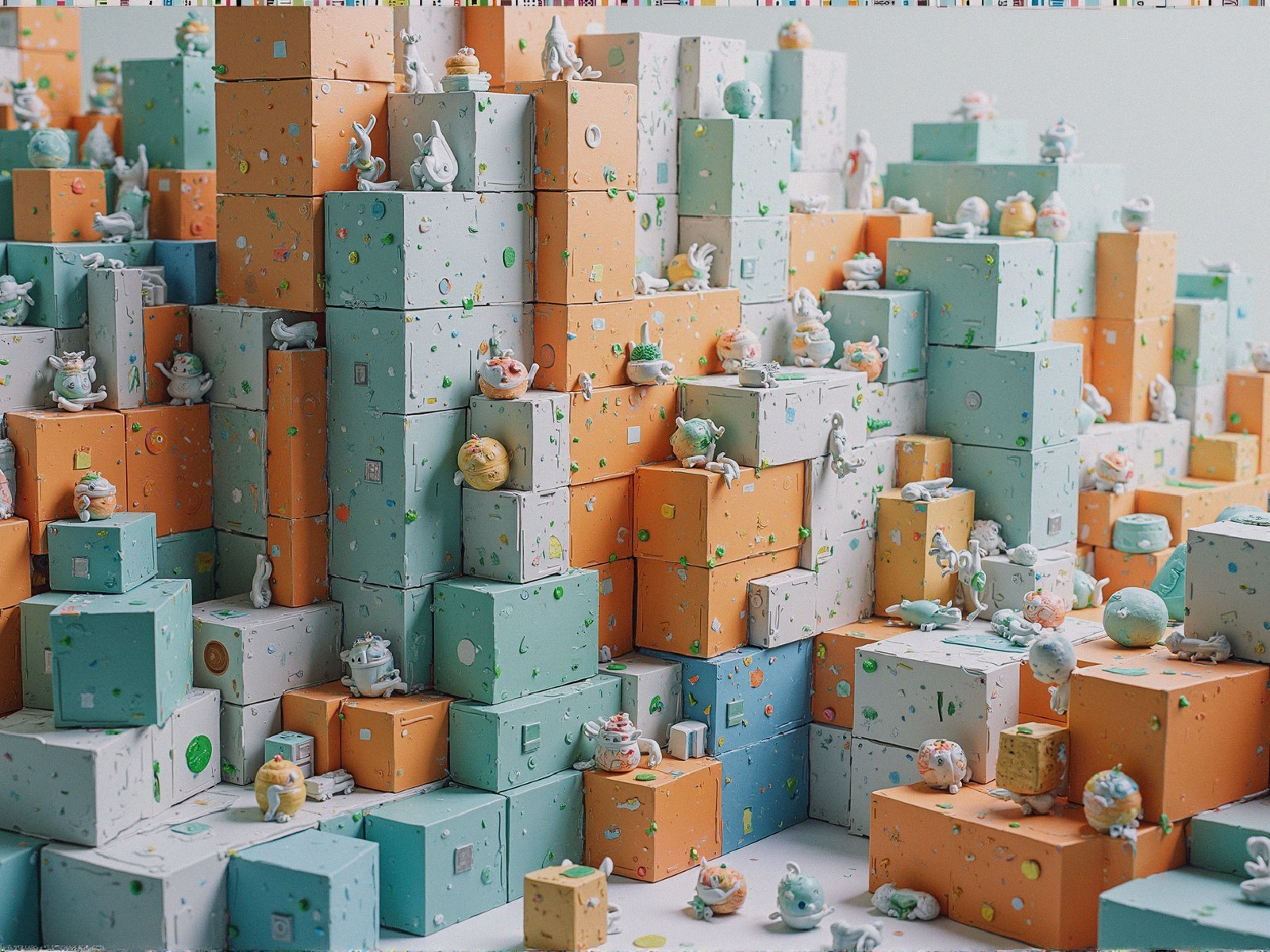 Vibrant Landscape of Stacked Pastel Boxes and Figurines