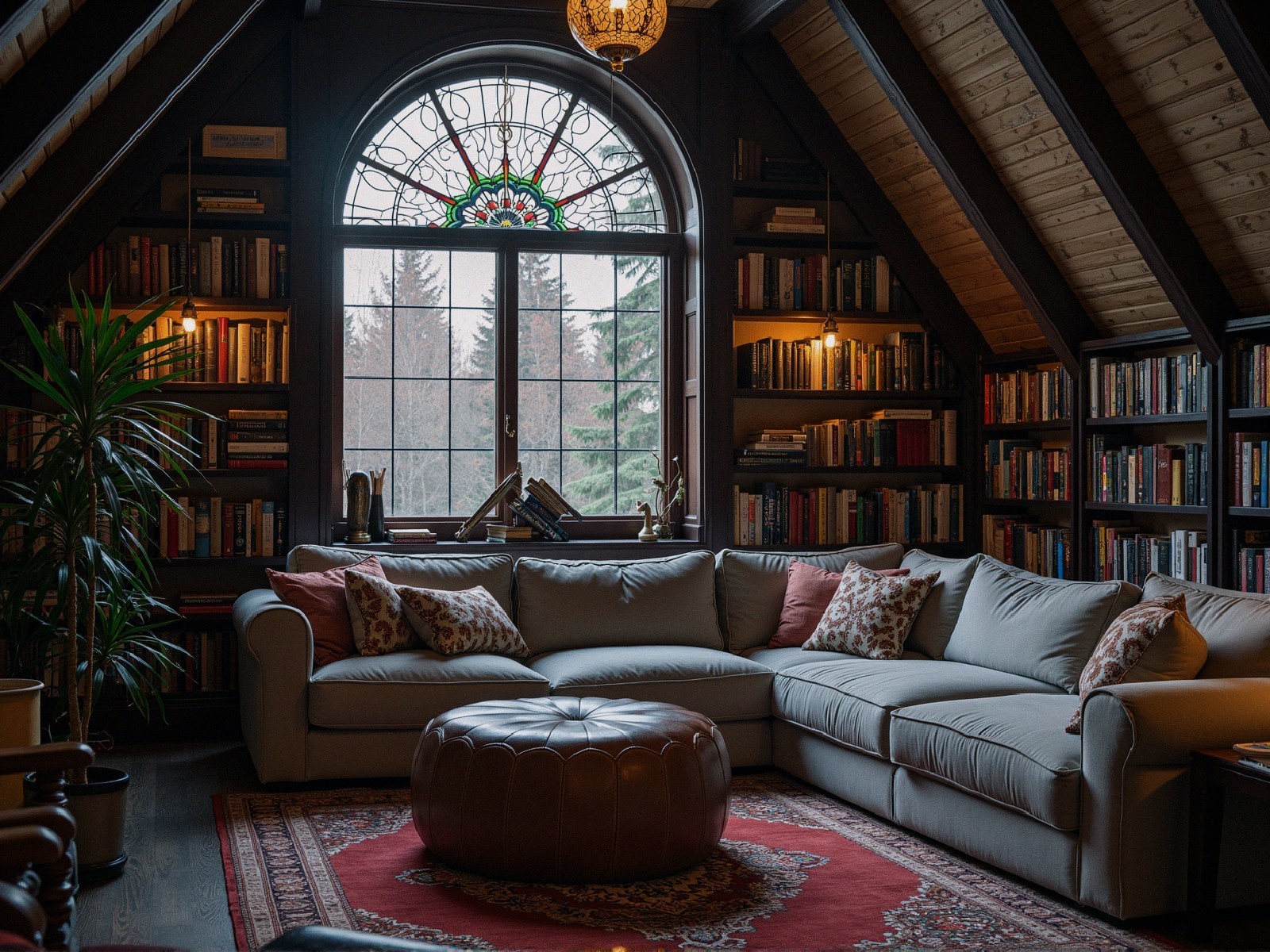 Cozy attic library with upholstered sofa and stained glass