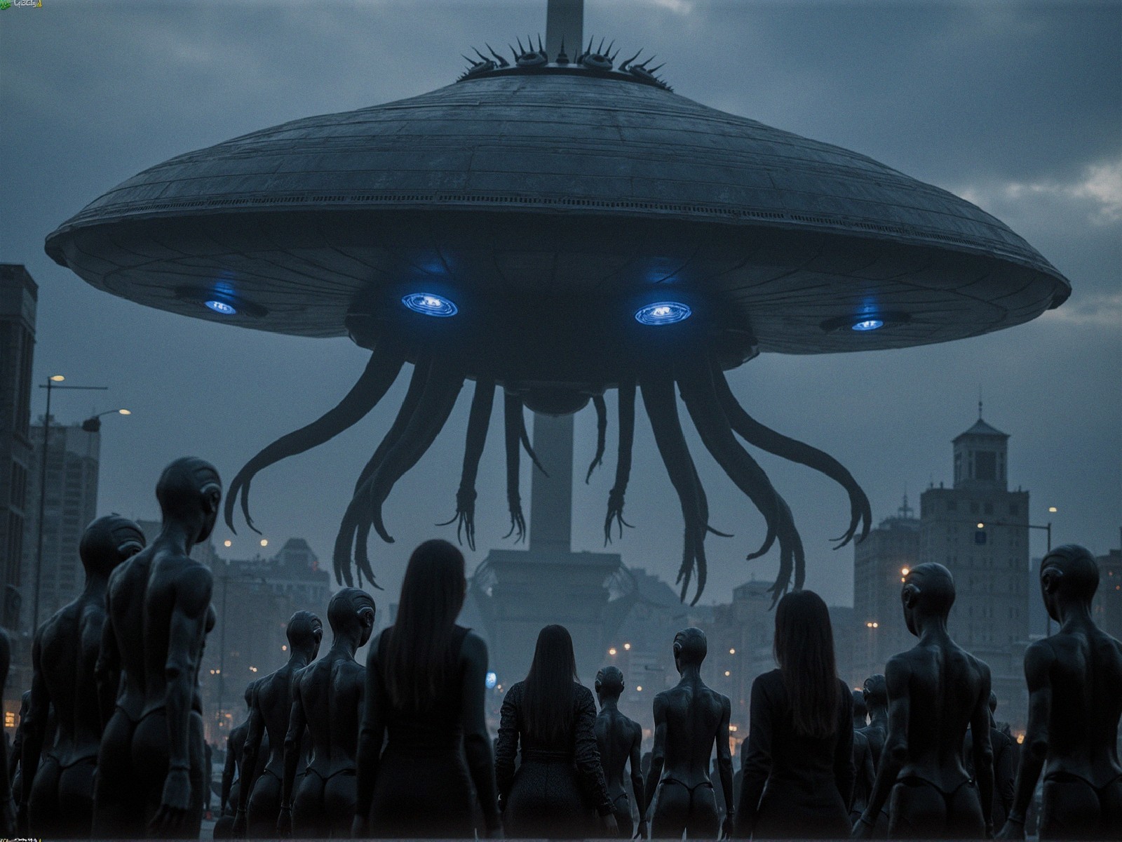 Alien Spaceship Over City with Humanoid Figures