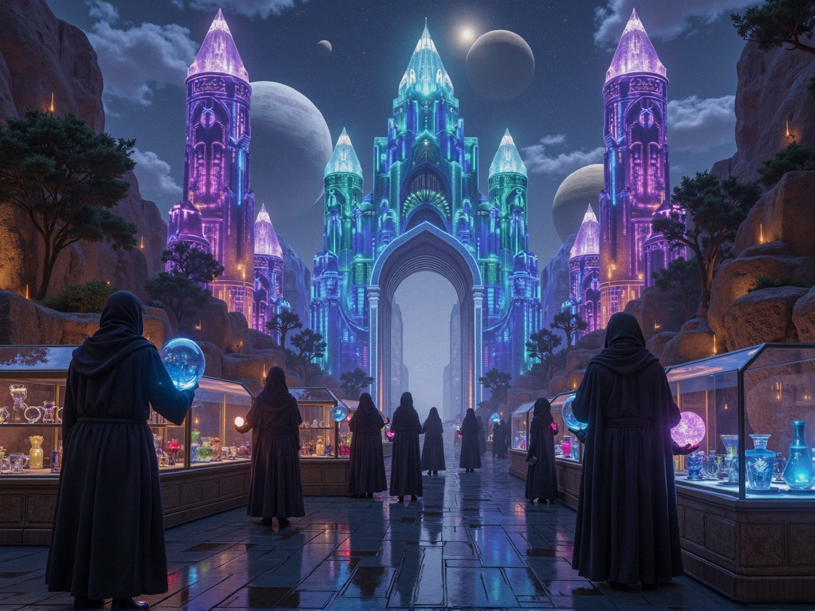 Crystal Castle Amidst Celestial Bodies and Hooded Figures