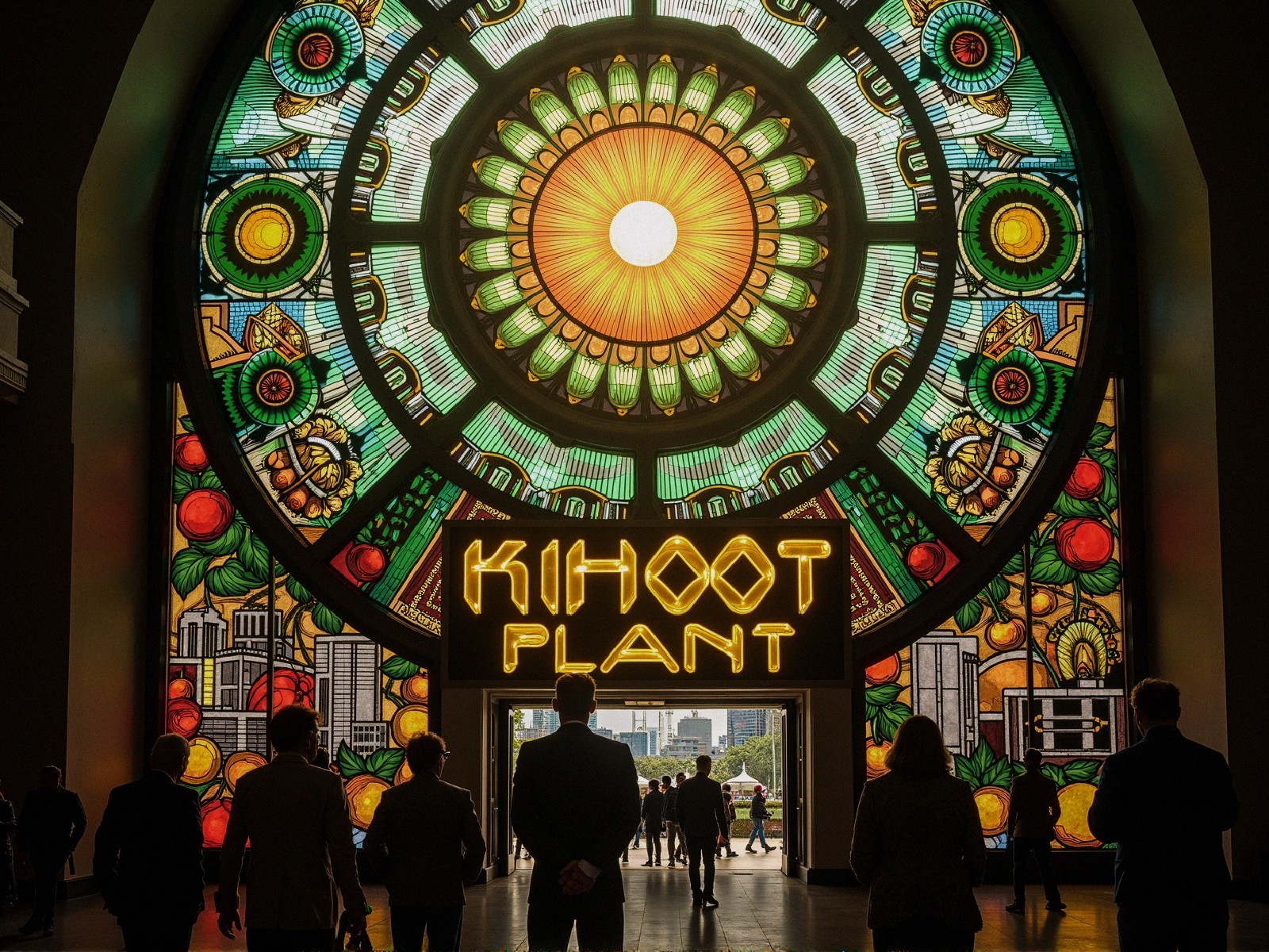 Vibrant Stained Glass Window with Sun Motif and Fruits