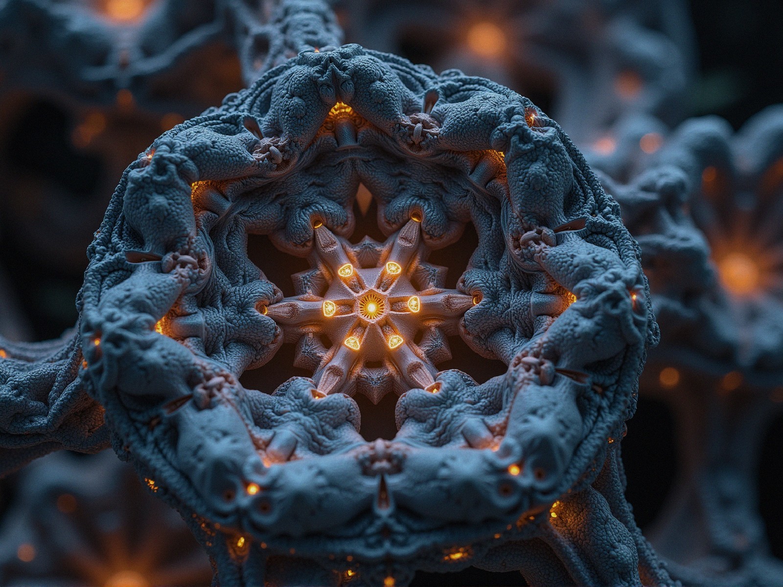 Intricate Spiraling Fractal Design with Glowing Lights