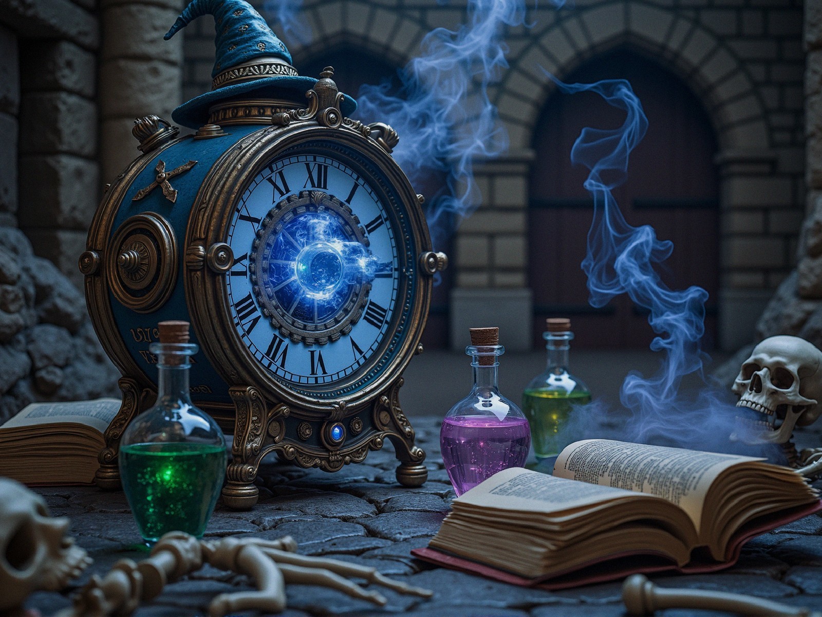 Medieval Clock with Potions and Mystical Atmosphere