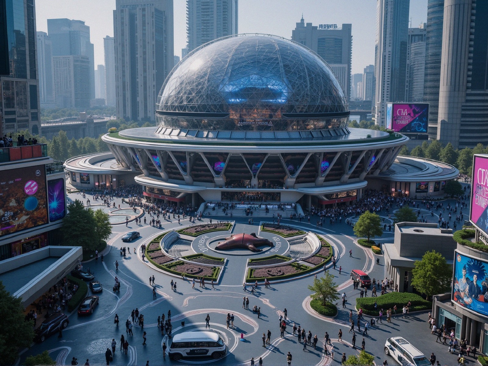 Futuristic Urban Scene with Dome-Shaped Building