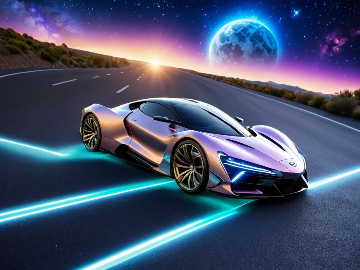 Futuristic Hypercar on Winding Road with Cosmic Background