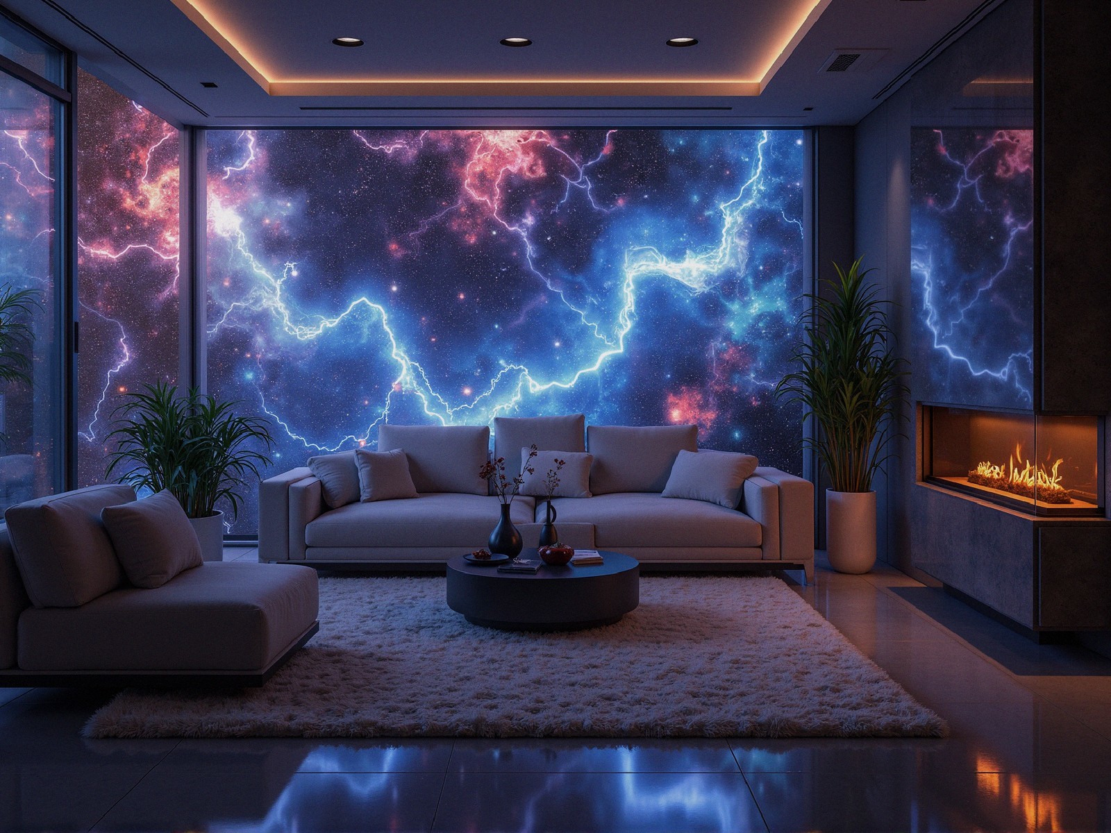Modern Living Room with Cosmic Mural and Cozy Decor