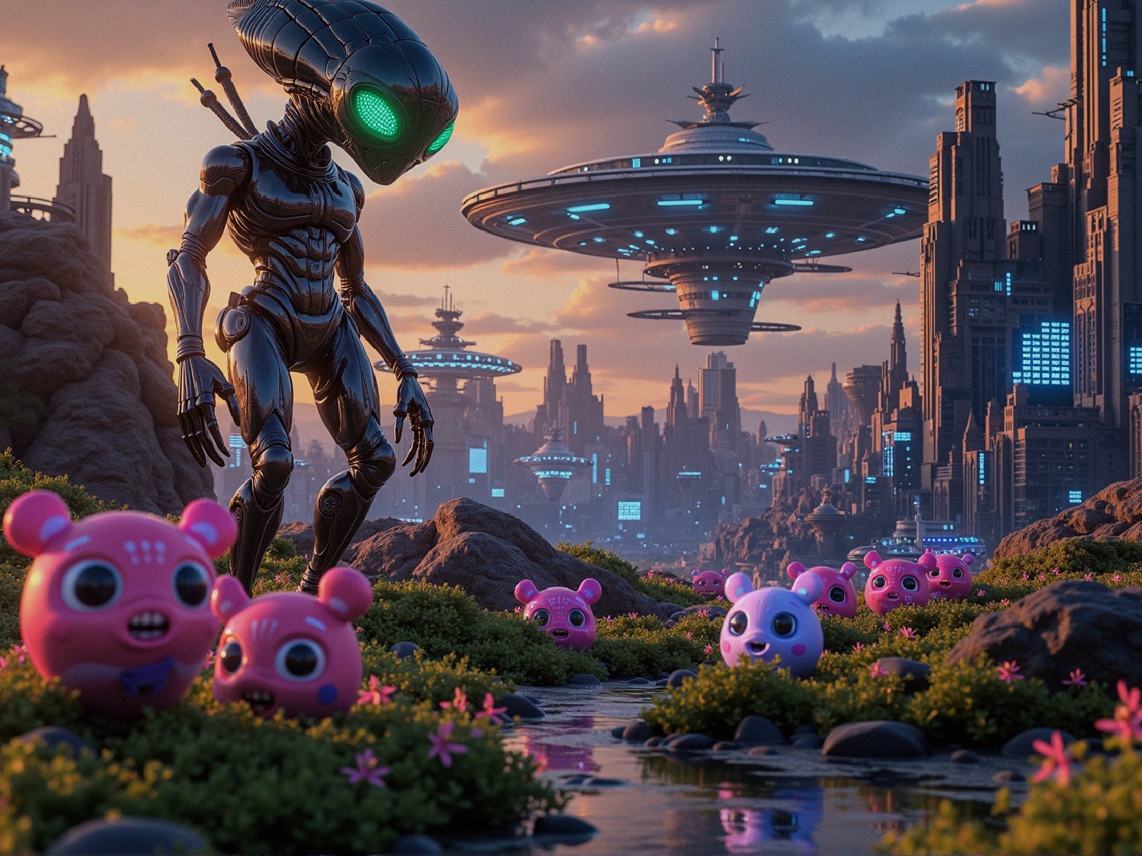 Futuristic Alien Figure in Vibrant Sci-Fi Landscape