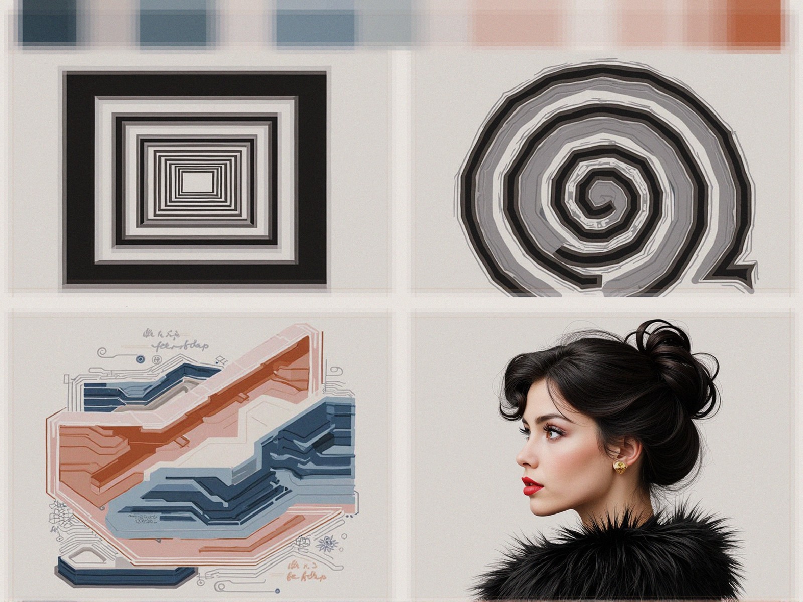 Stylish Woman in Black Fur Coat Surrounded by Abstract Art