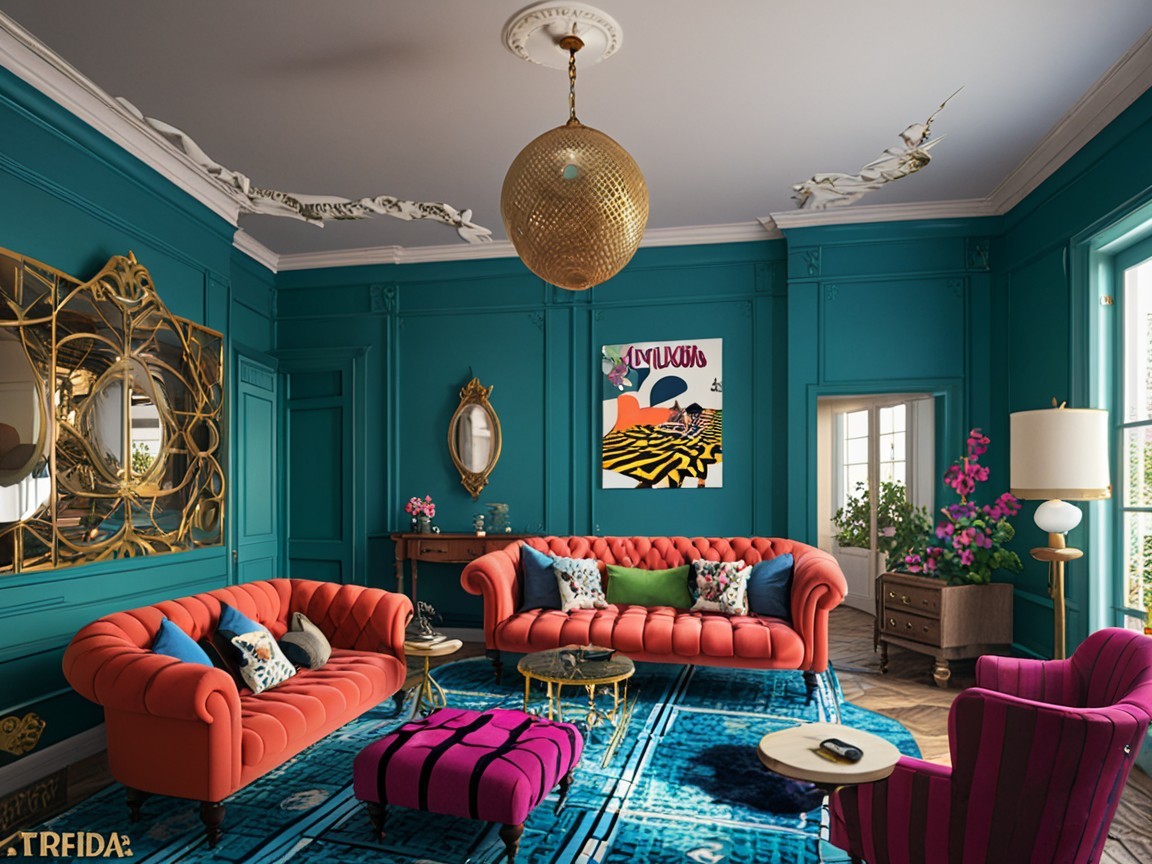 Vibrant Teal Room with Gold Chandelier and Coral Sofas