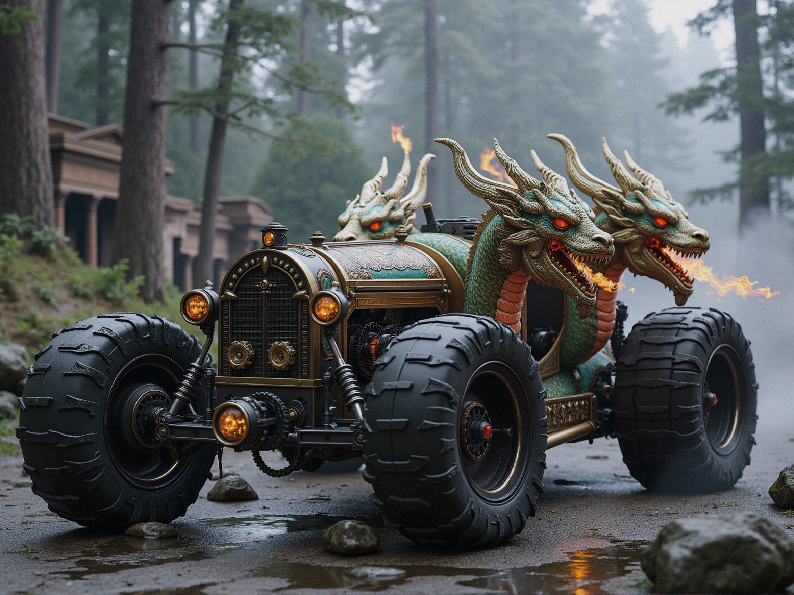 Vintage Vehicle with Three-Headed Dragon Design