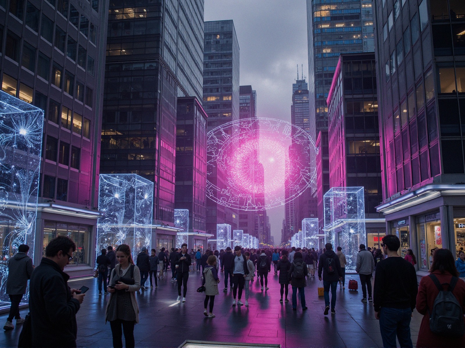 Futuristic City Street with Neon Lights and Holograms