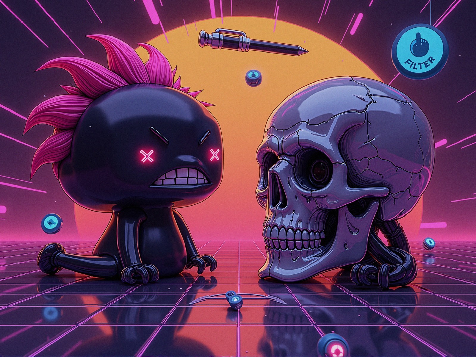 Neon Landscape with Character and Glossy Skull