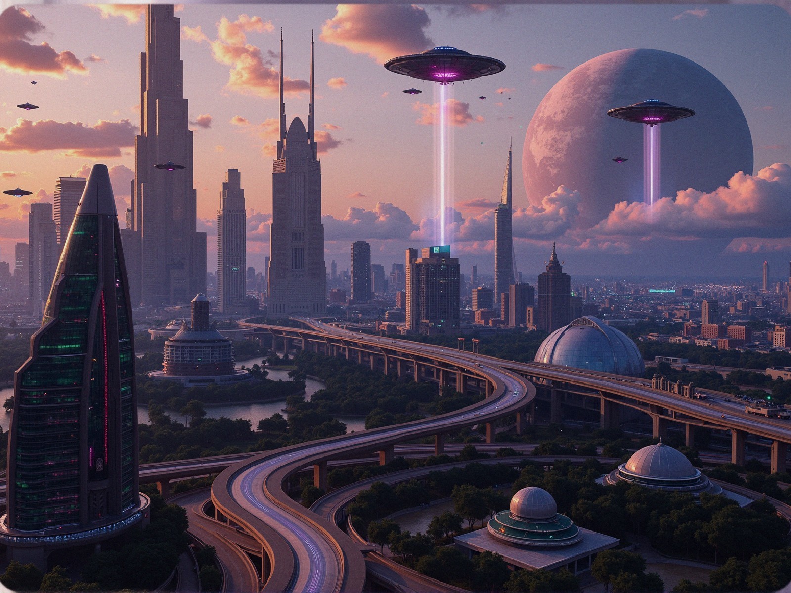 Futuristic Cityscape with Skyscrapers and Spacecraft