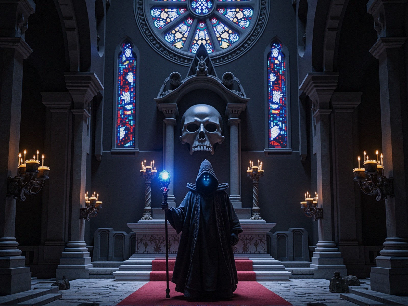 Cloaked Figure in Dim Chamber with Skull Backdrop