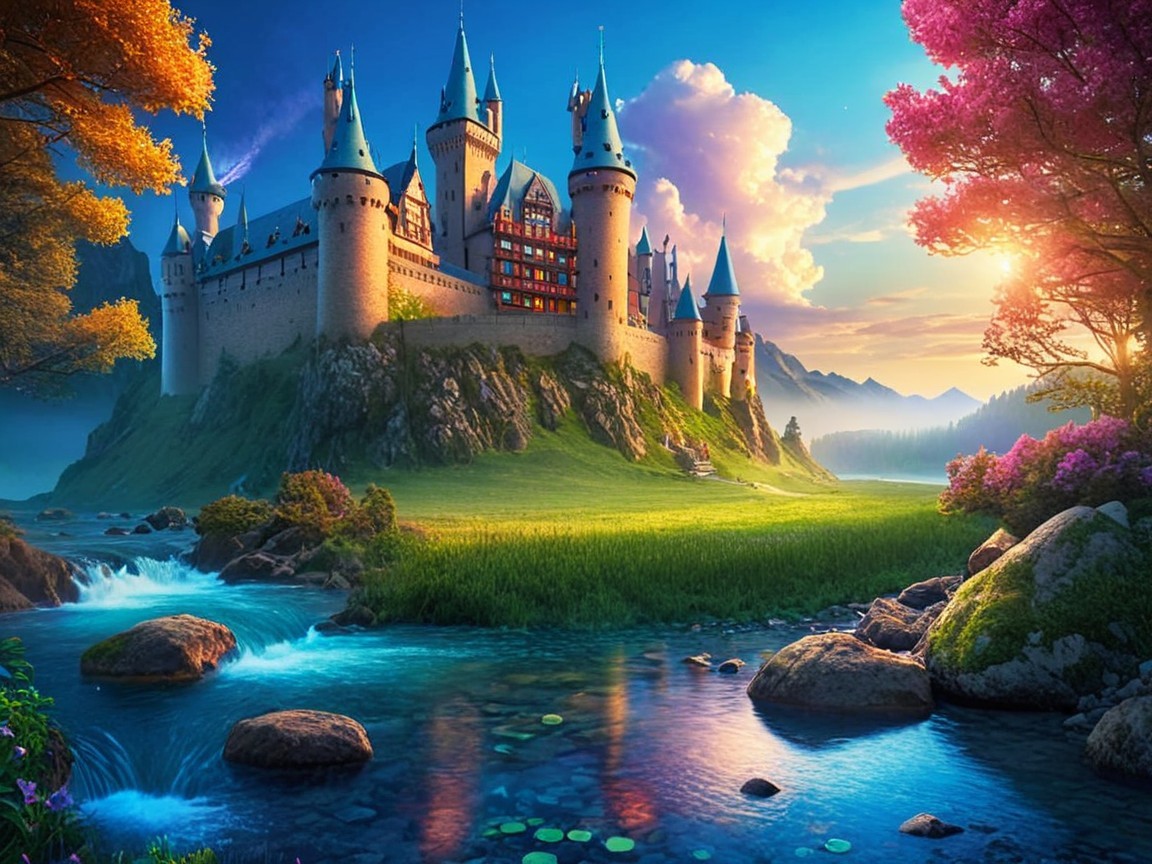 Majestic Castle on Hill with Sunset and River View