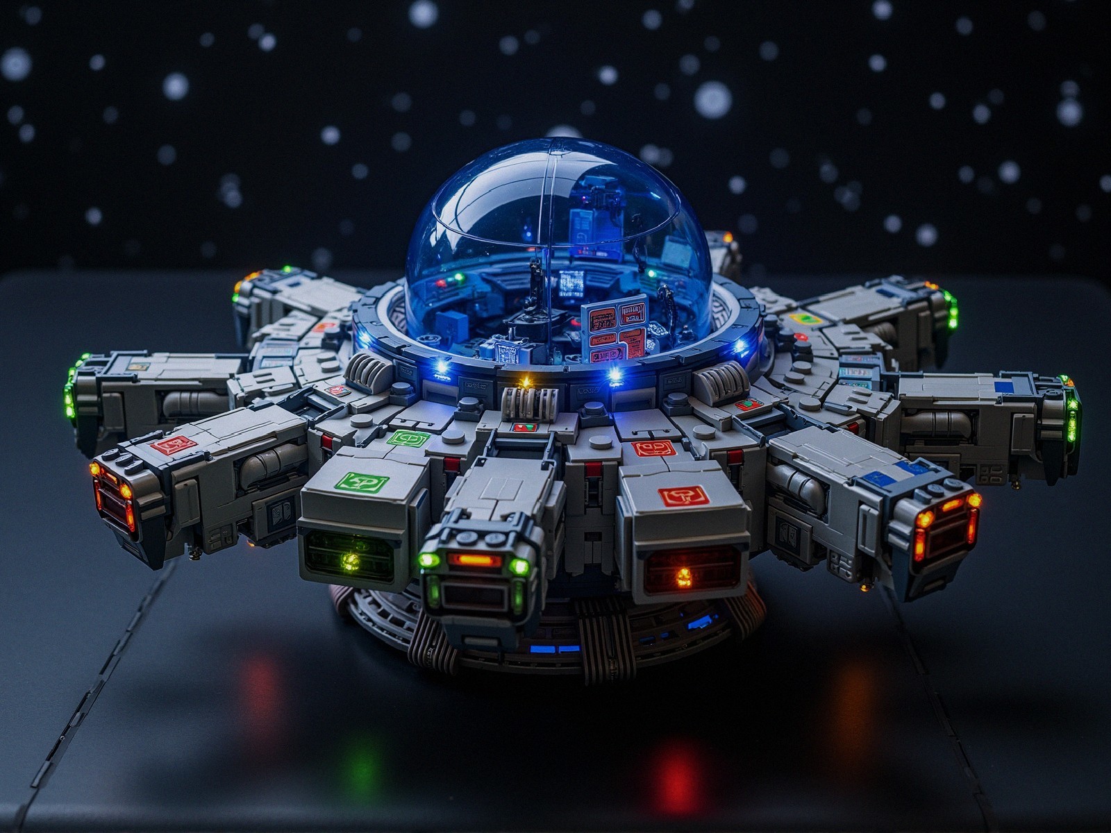Futuristic spacecraft model with colorful segmented pods