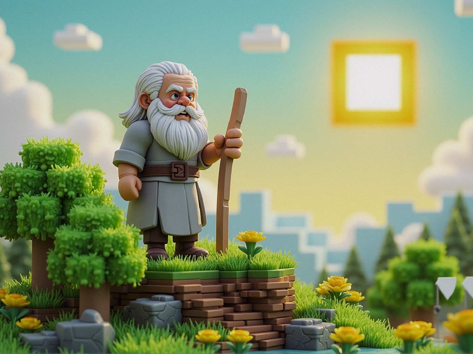 Whimsical Elderly Man in Cartoonish Nature Scene