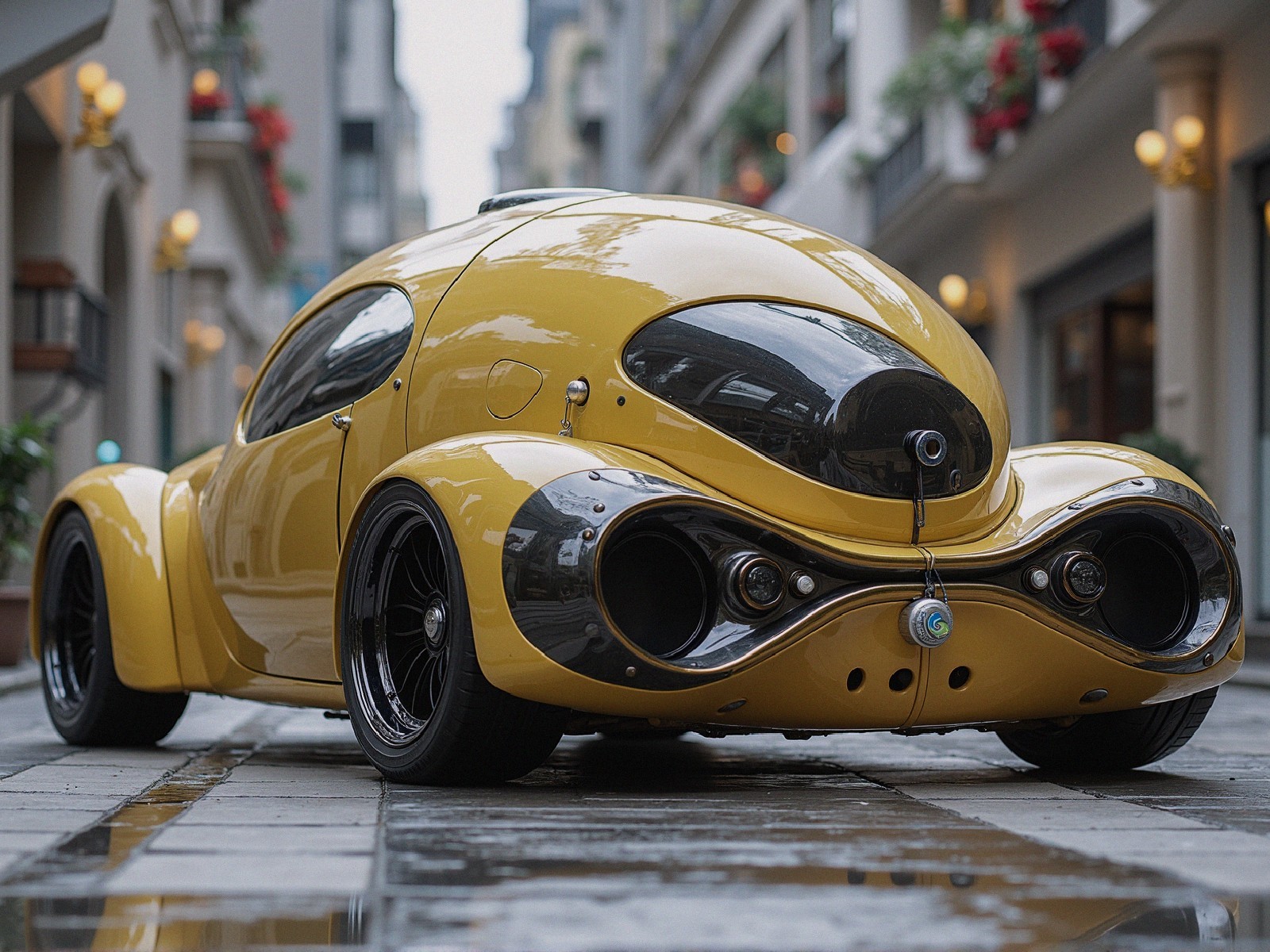Futuristic Yellow Car on Cobblestone Street Scene