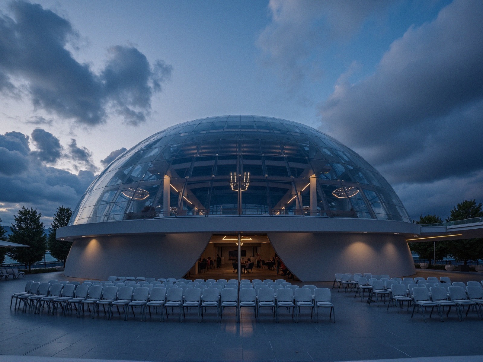 Modern dome-shaped structure with glass facade at twilight
