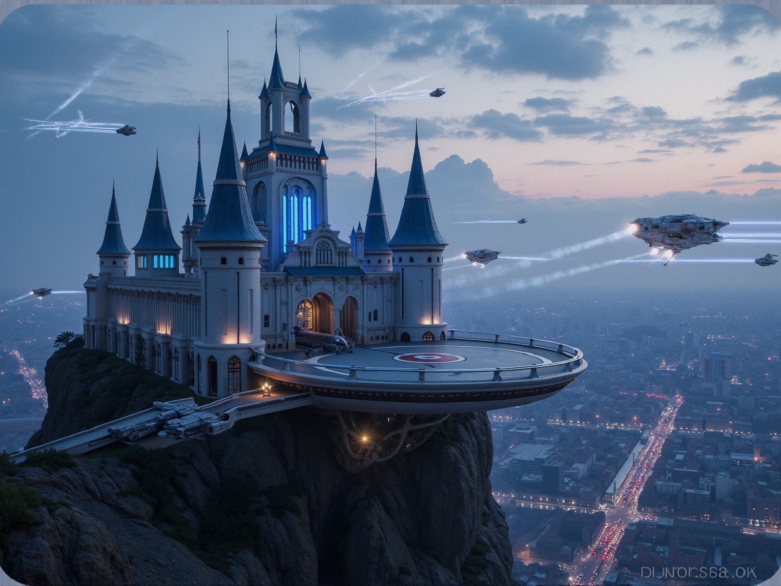 Majestic castle on a cliff with futuristic spacecraft