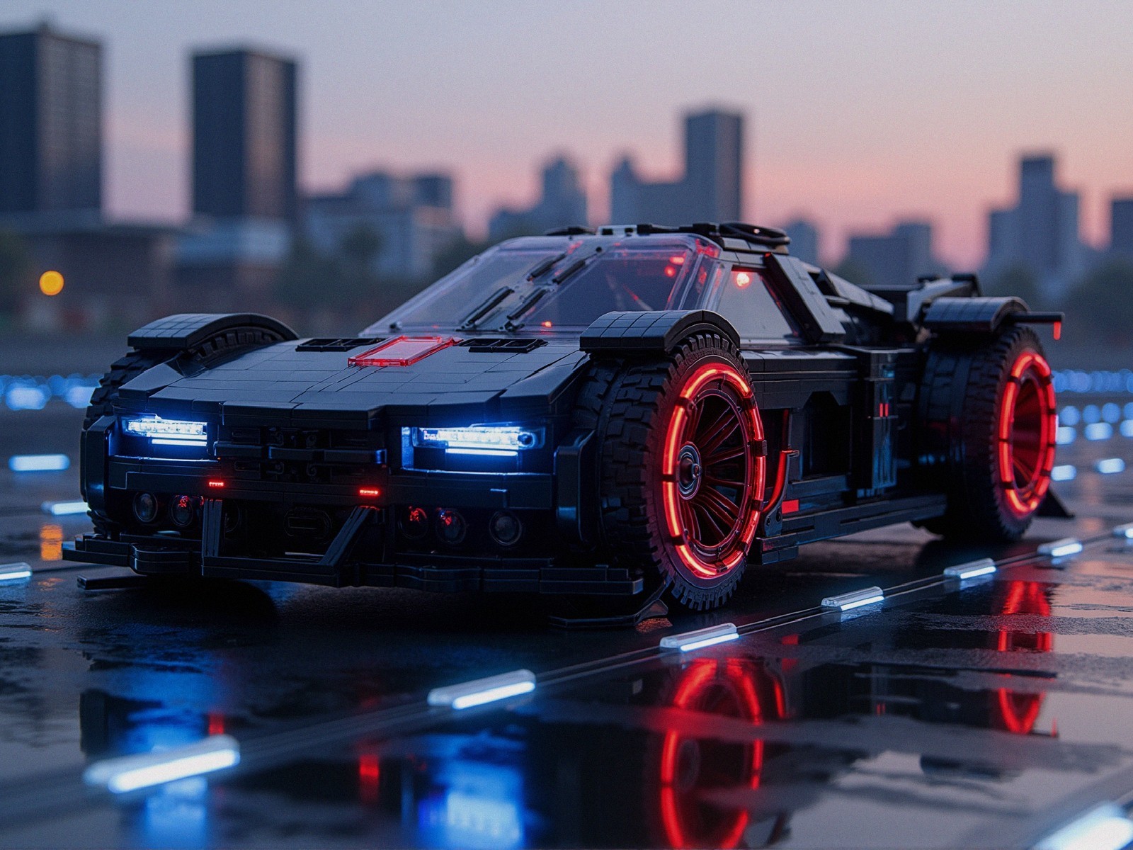 Futuristic LEGO Car with LED Lights in Urban Setting