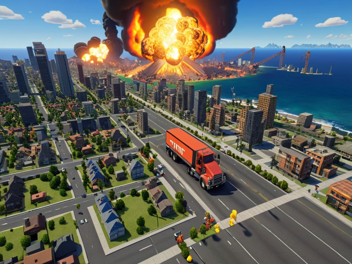 Vibrant cityscape with volcanic eruption and chaos