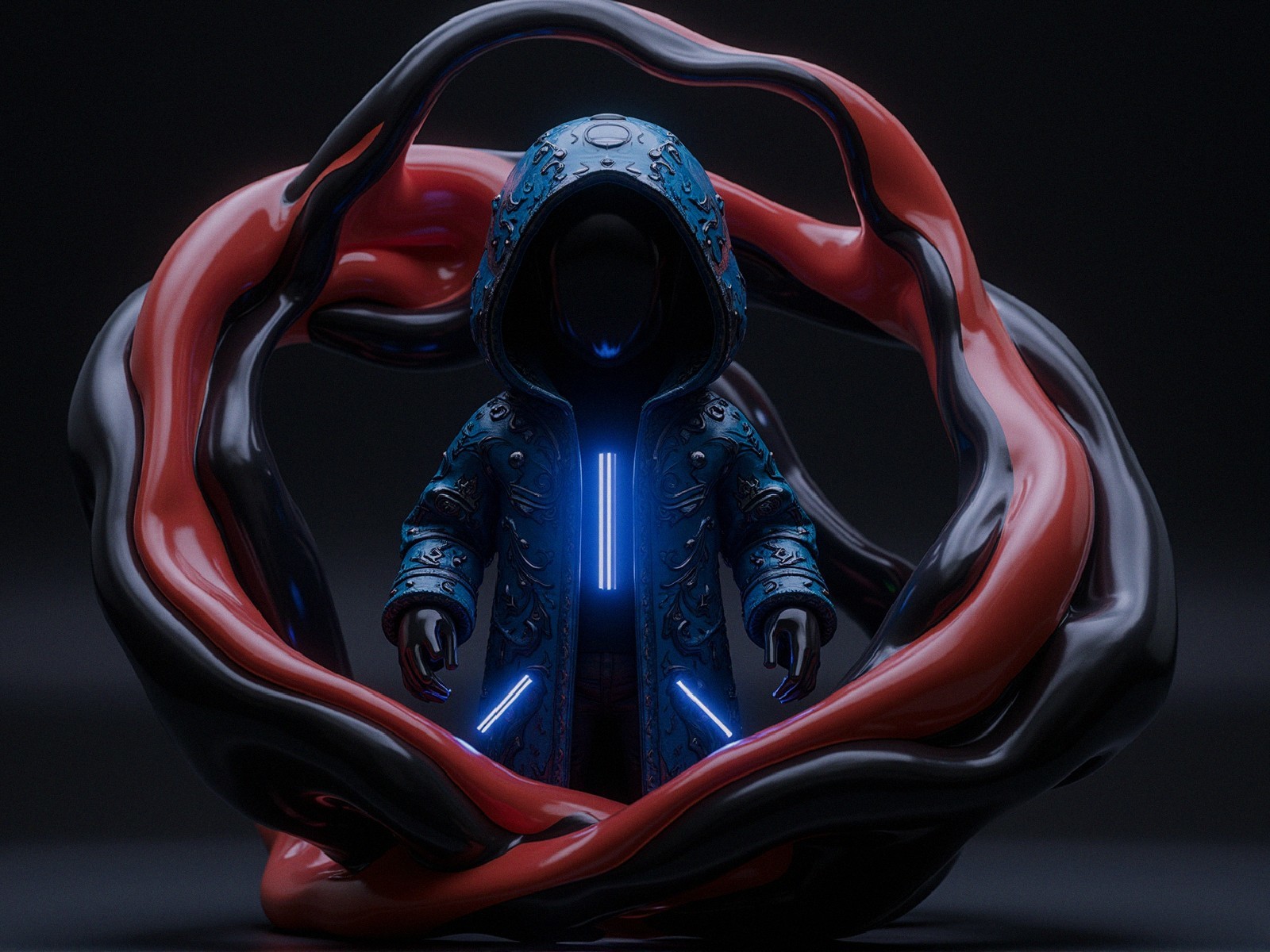 Futuristic Figure in Blue Robe with Vortex Background