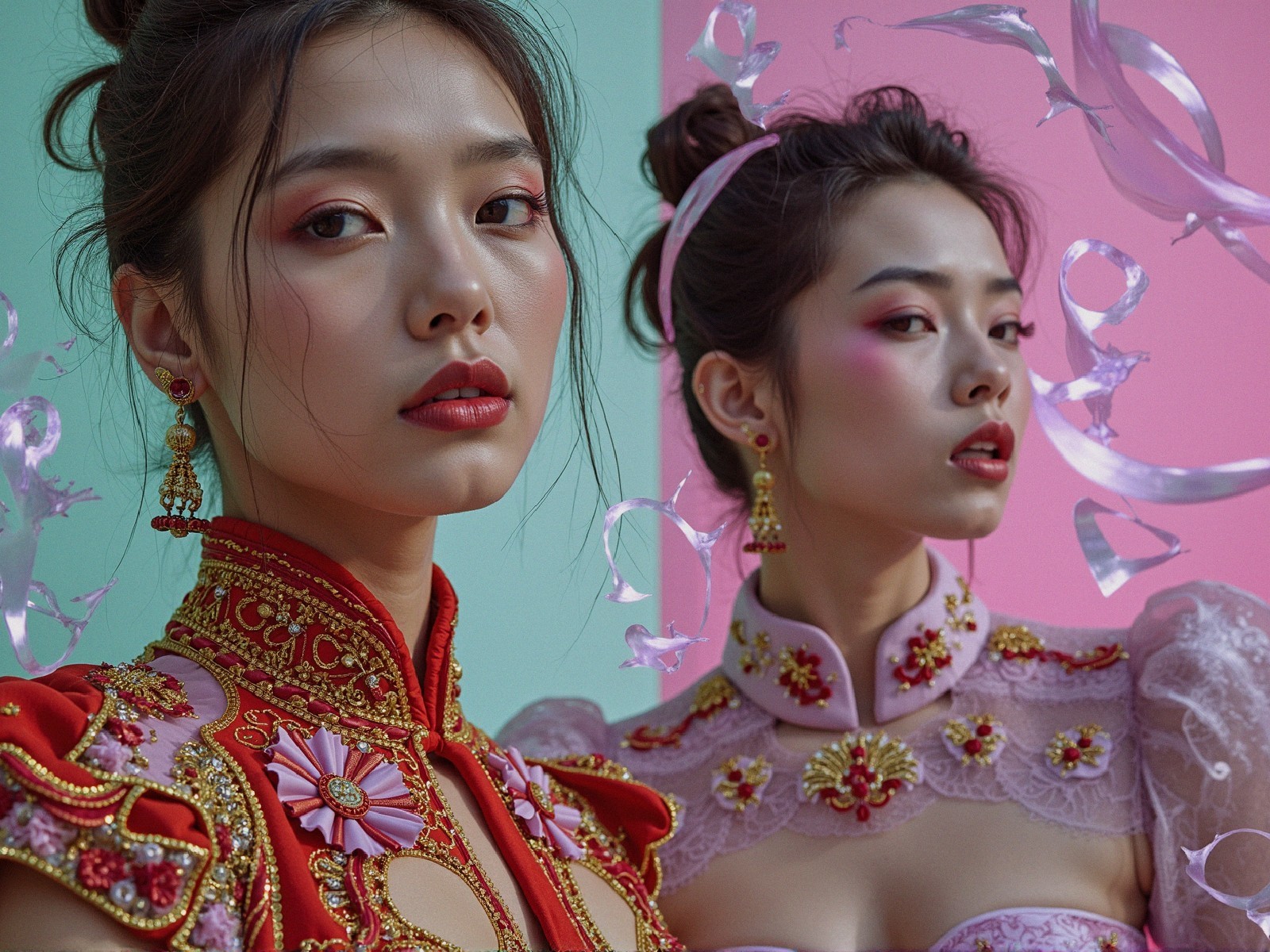 Vibrant Outfits and Bold Makeup on Two Women