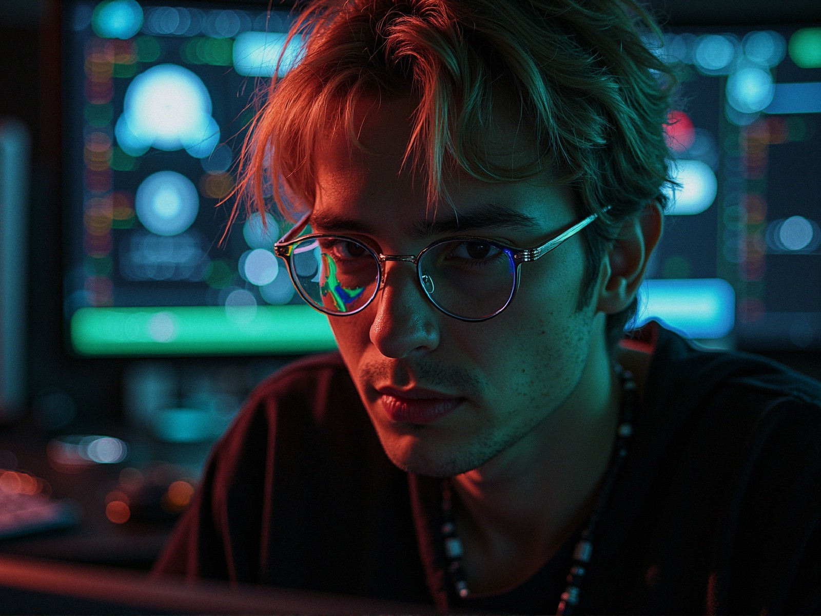 Young man focused on neon-lit computer screens