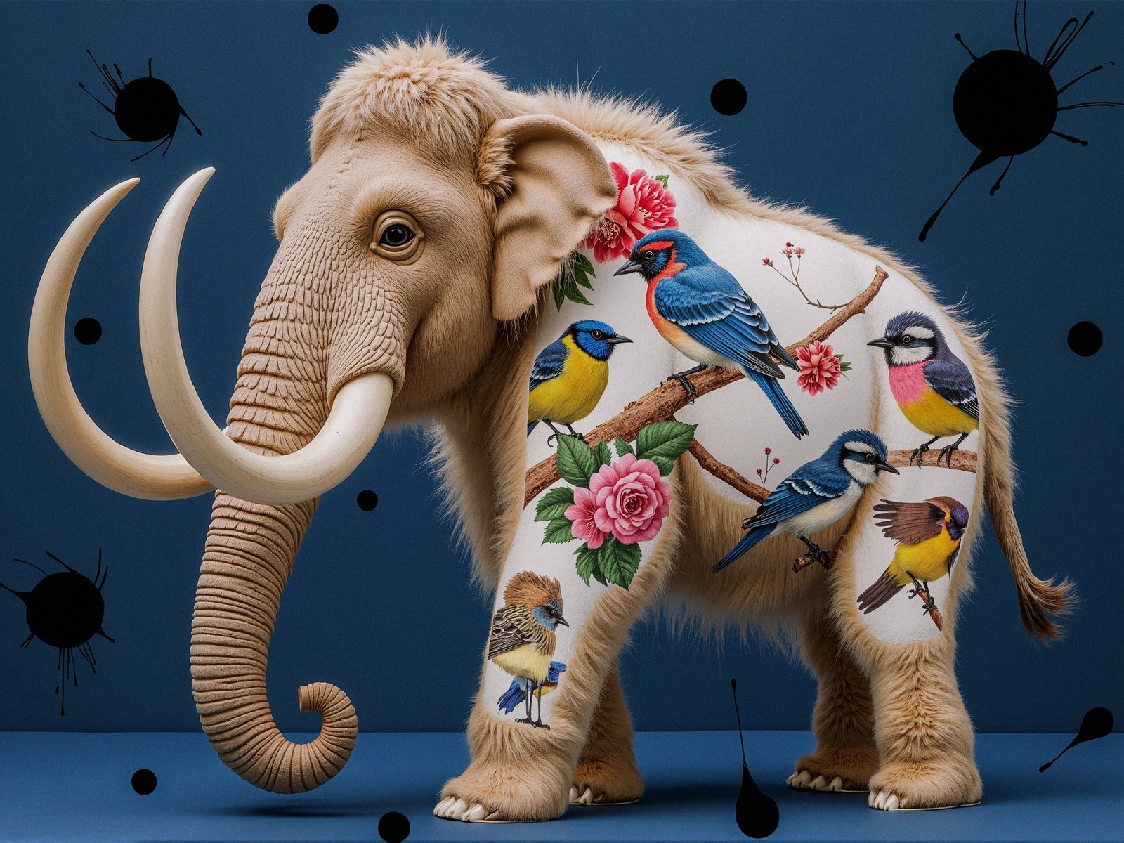 Furry Elephant with Colorful Tattoos on Blue Background