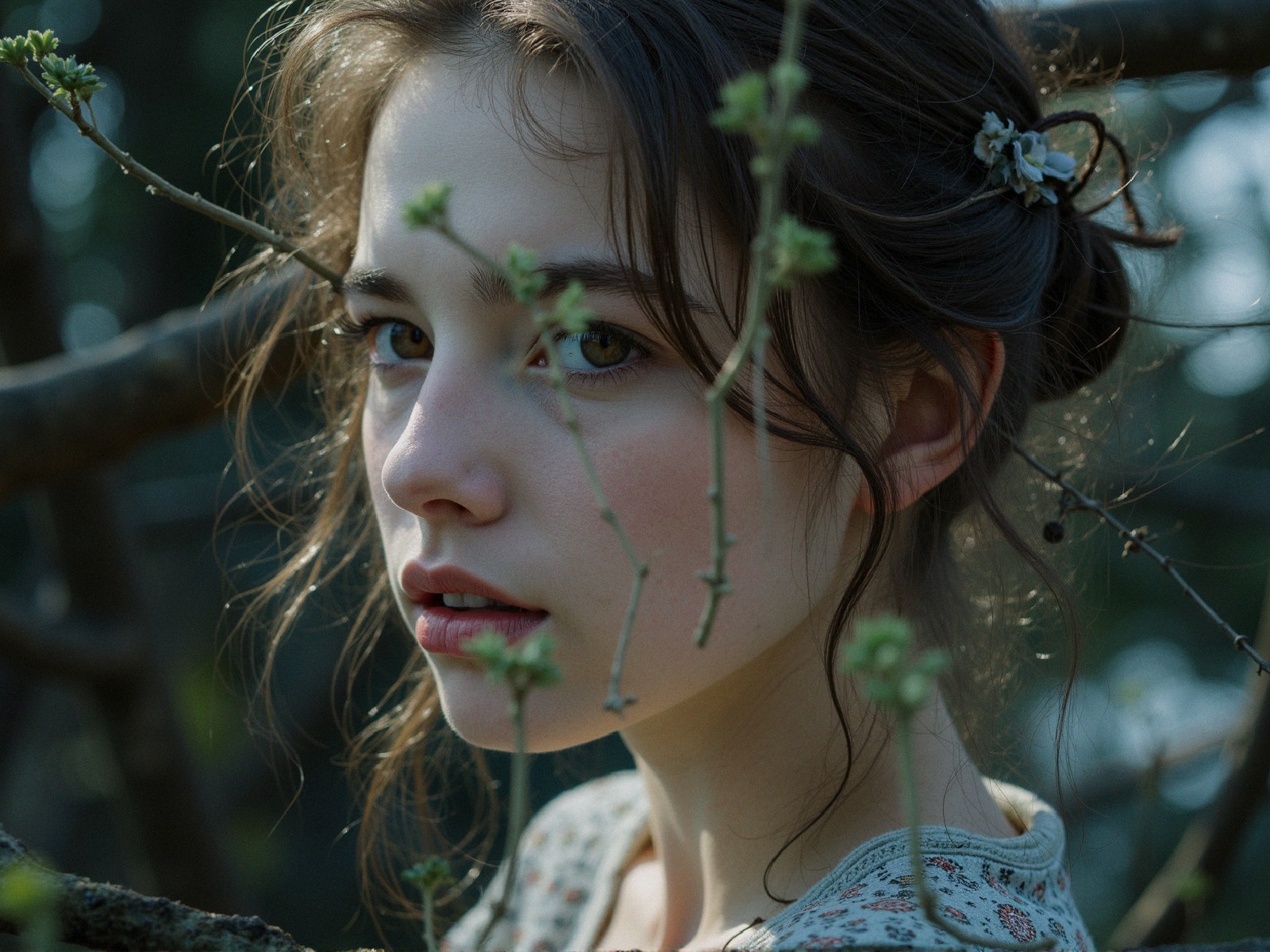 Young Woman in Natural Light Among Budding Leaves