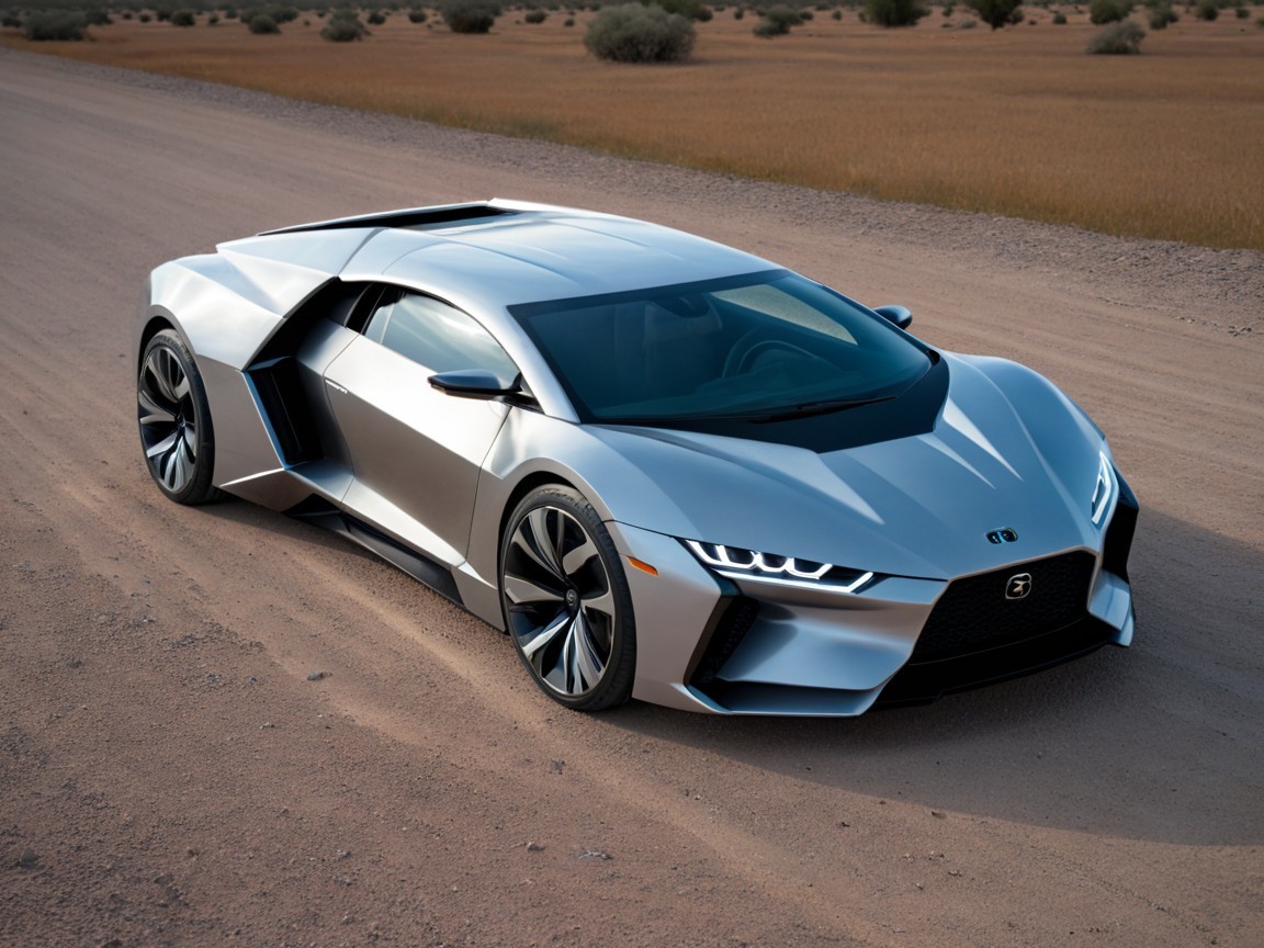 Futuristic Silver Sports Car on Sandy Road Landscape