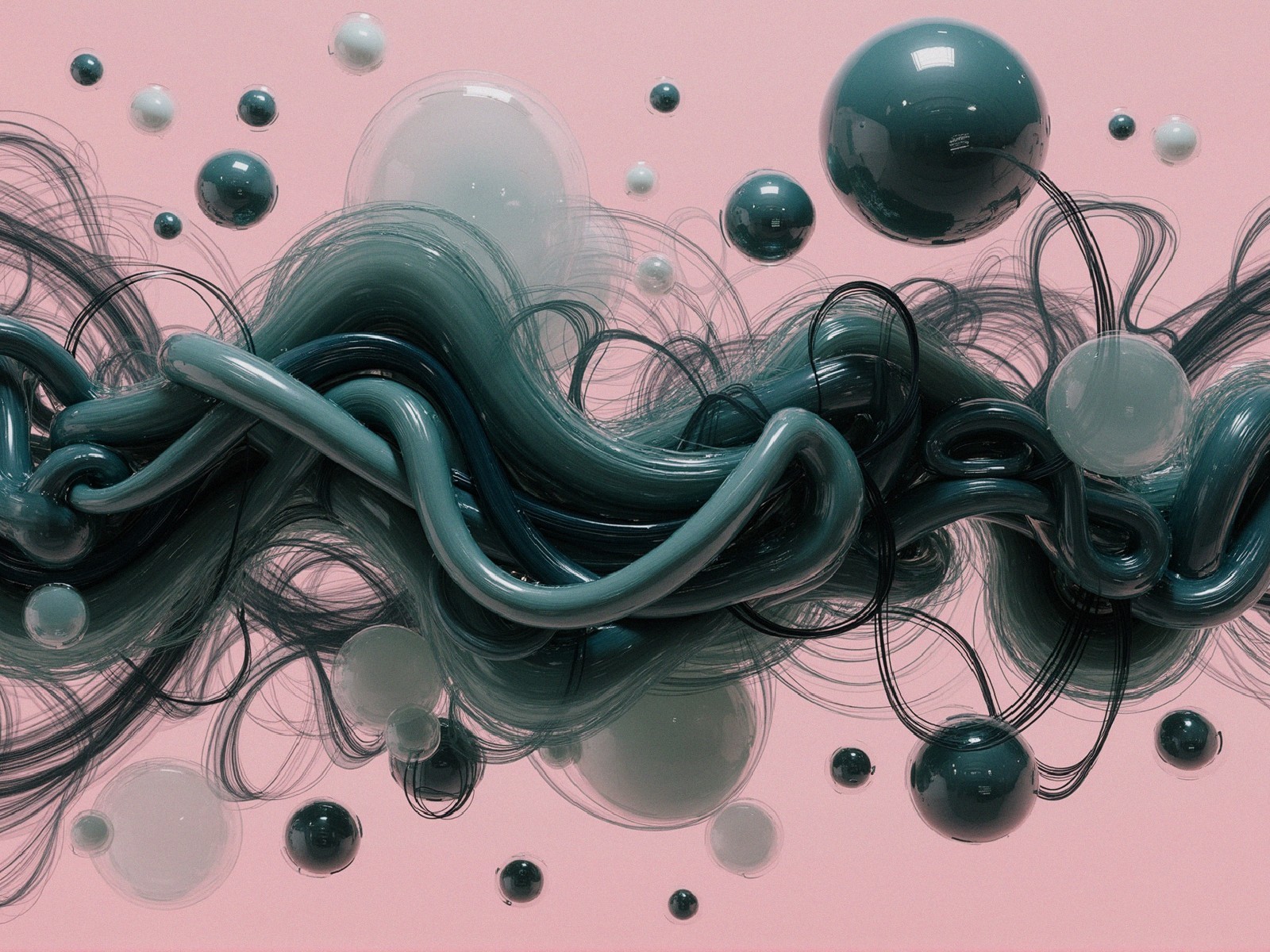 Abstract Composition of Strands and Spheres in Pink